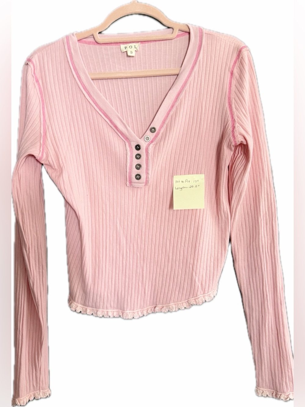 POL Light Pink Ribbed Long-Sleeve Henley Top